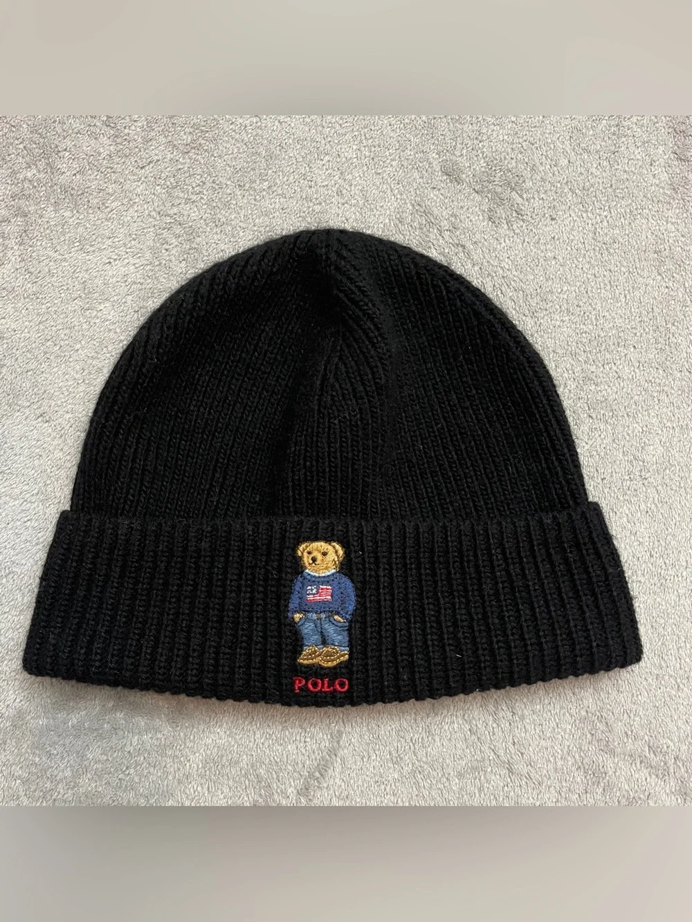 POLO RALPH LAUREN Men's Flag Bear Black Rib-Knit Wool-Blend Beanie Hat